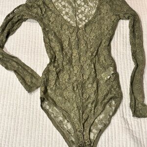 Stradivarius sheer lace Bodysuit - size S - sexy v neck ! Olive green